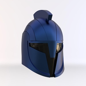 May include: A matte blue helmet with a black visor and a rectangular crest on top. The helmet has a smooth, curved design and appears to be made of a solid material. The visor is dark, and the helmet is set against a white background.