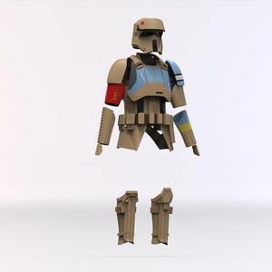May include: A tan and blue Stormtrooper armor set, including a helmet, chest piece, arm and leg guards. The armor has red and yellow accents. The pieces are separated, giving a detailed view of the design.