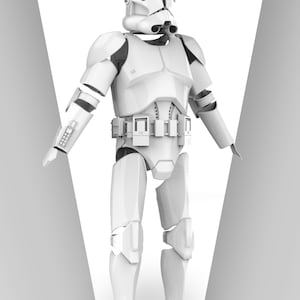 May include: A full-body, white Clone Trooper costume with black accents. The costume includes a helmet, chest armor, and leg and arm protection. The text "CLONE TROOPER 1:1 SCALE COSTUME" is visible at the bottom. The costume is a 1:1 scale.