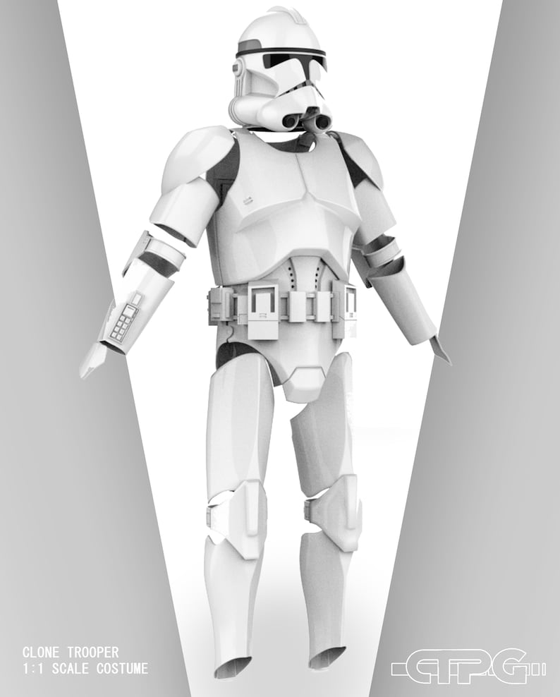 May include: A full-body, white Clone Trooper costume with black accents. The costume includes a helmet, chest armor, and leg and arm protection. The text "CLONE TROOPER 1:1 SCALE COSTUME" is visible at the bottom. The costume is a 1:1 scale.