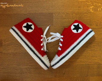 Red Knitted Sneaker Slippers: Handmade Wool House Shoes