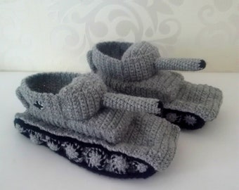 Tank Slippers, Panzer Tank Slippers, Knitted Army Slipper Socks, Tanks Mens Slippers Crochet, Hausschuhe Panzer, Funny Slippers Handmade