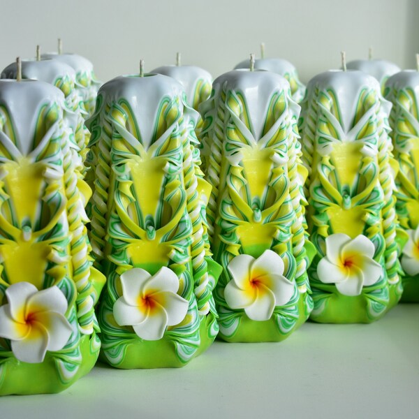 Candles with plumeria flowers-20 candles-white yellow green