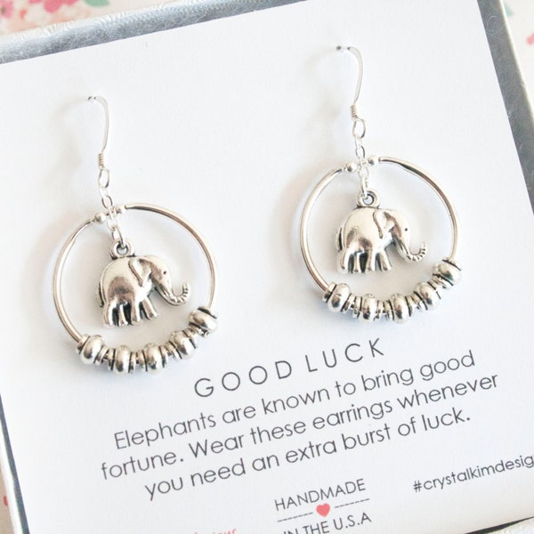 Elephant Earrings, Graduation Gift, Elephant Jewelry, Charm Earrings, Good Luck Charm, Lucky Elephant Hoops
