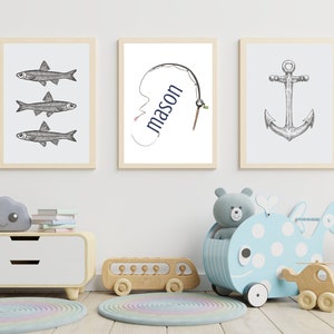 Fishing nursery prints, set of three, nursery decor, nautical nursery, rustic, printable, personalized, blue and grey, digital download