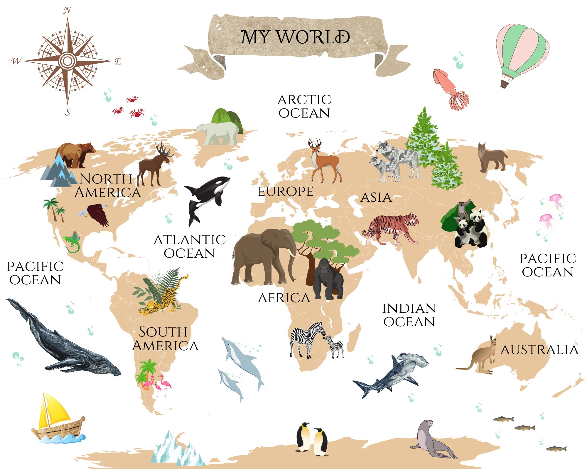kids world map animal map travel themed nursery printable etsy
