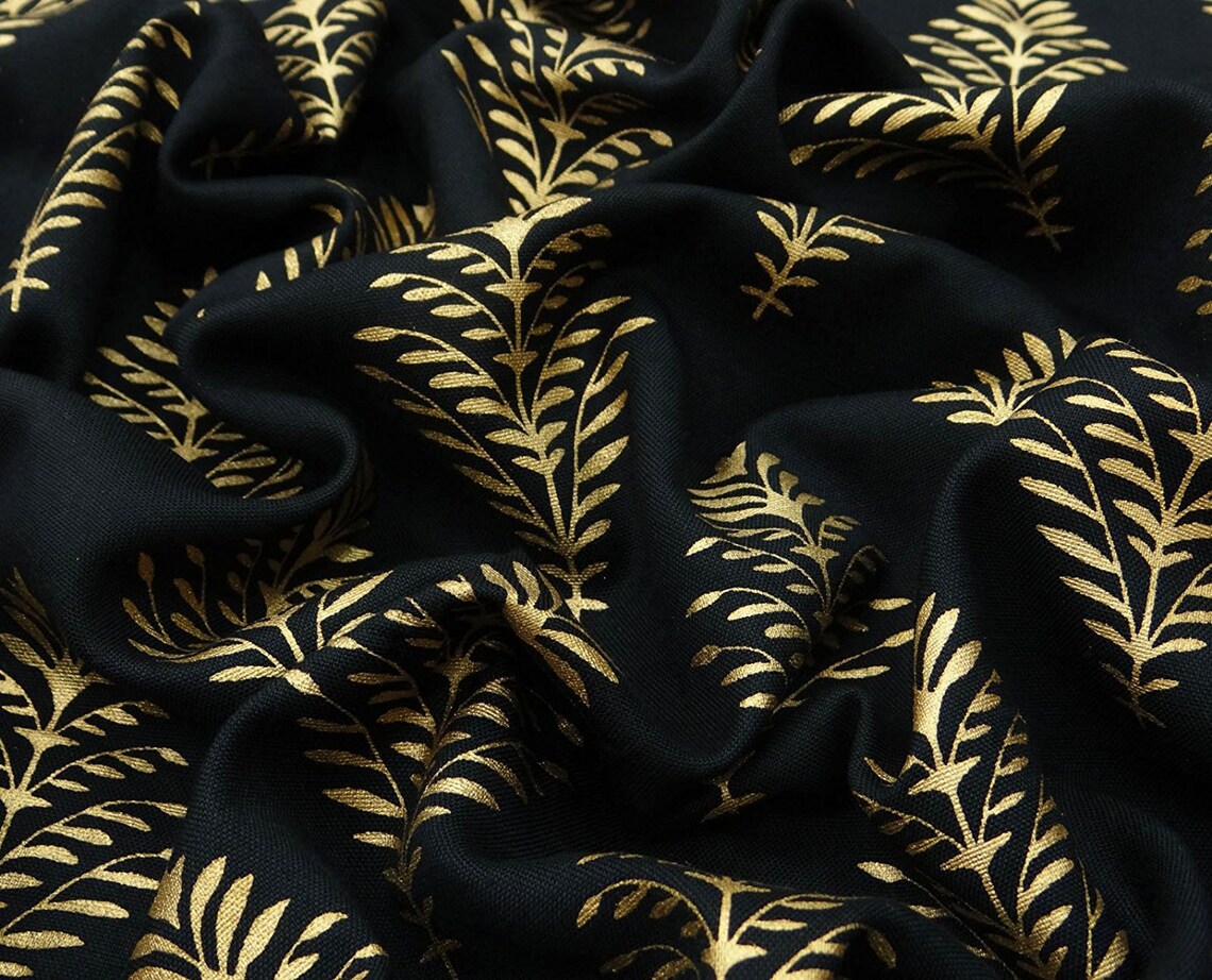Metallic Gold Leaf Printed Designer Black Fabric Dressmaking Etsy