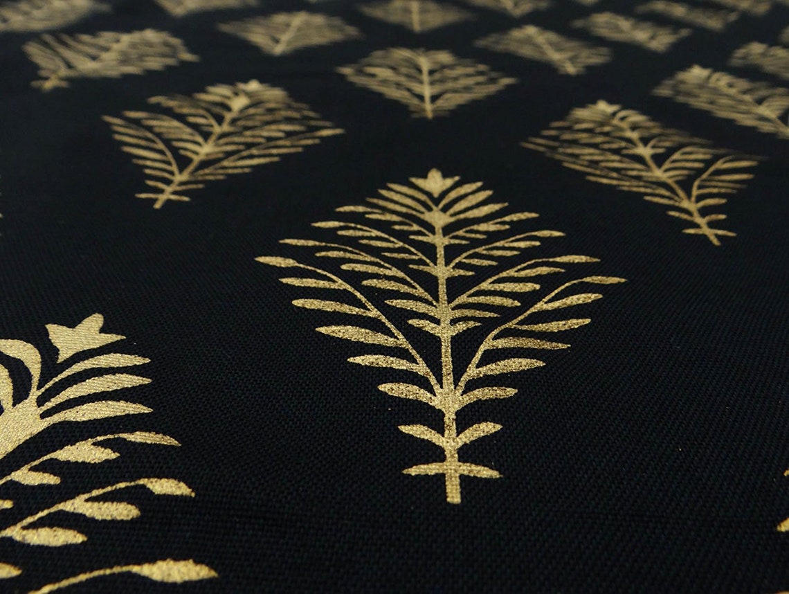 Metallic Gold Leaf Printed Designer Black Fabric Dressmaking Etsy