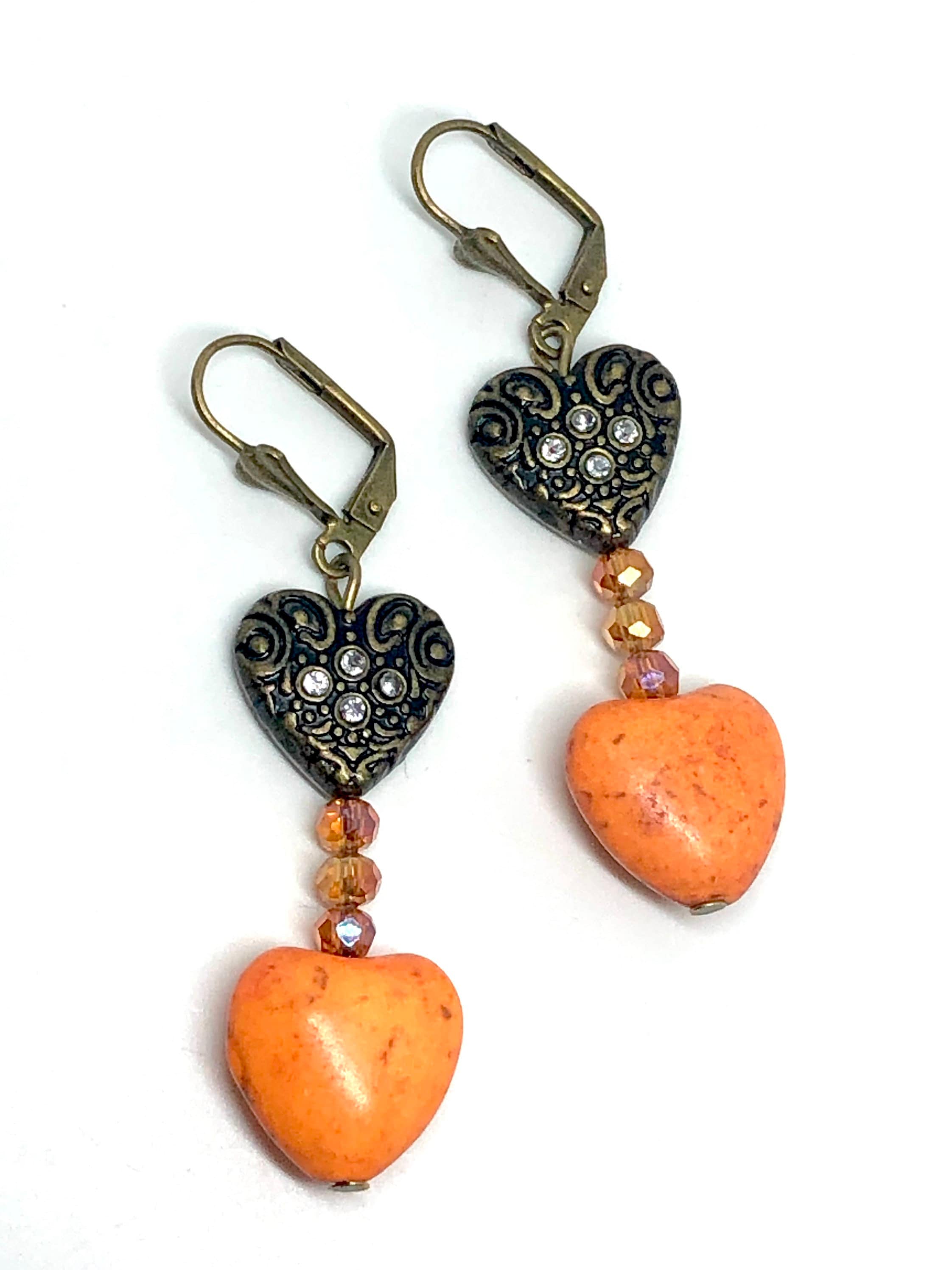 Victorian Style Orange Howlite Stone and Antique Bronze Tone With White ...