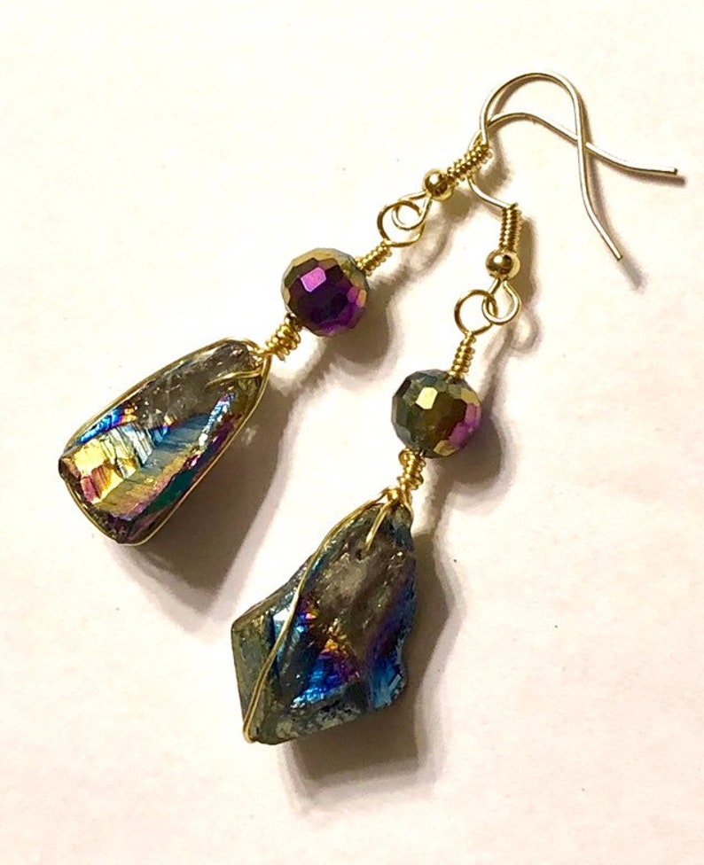 AB Rainbow Hematite Multicolor Stone Spike Nugget and Metallic Glass Gold Tone Wire Wrapped Dangle Earrings 2.4 Long
