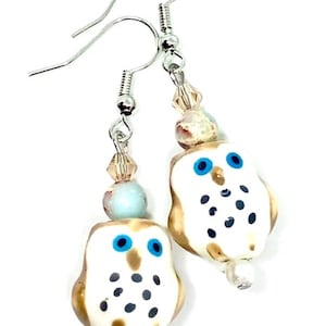 Beige White Blue Eye Ceramic Owl with Light Pastel Jasper Stone Champagne Crystal and Pearl Beads Dangle Earrings 2” Long Animals Birds Owls