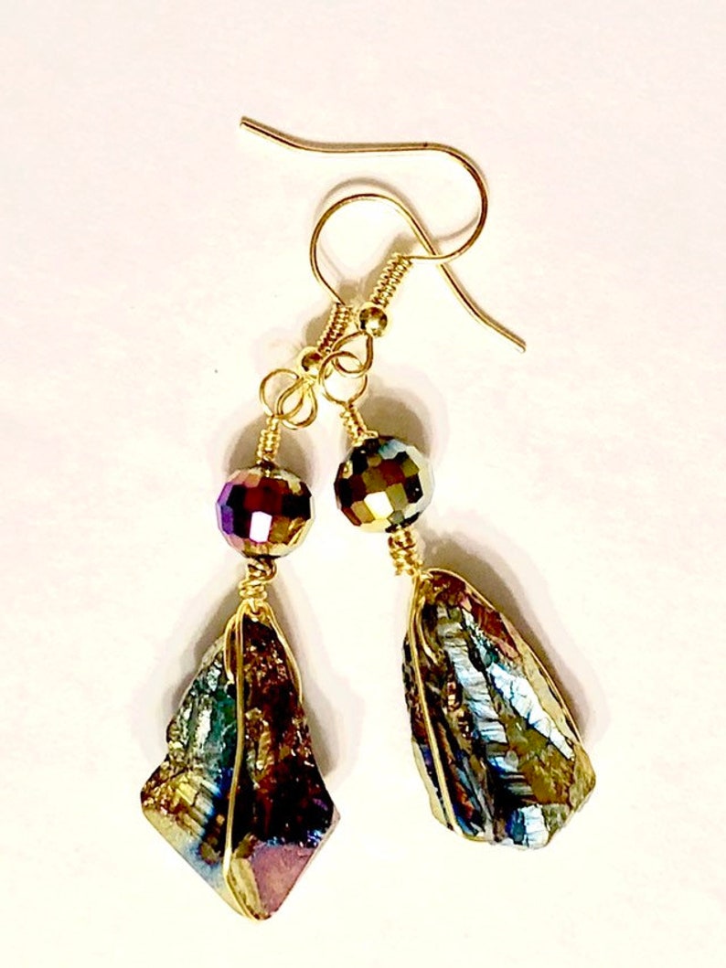 AB Rainbow Hematite Multicolor Stone Spike Nugget and Metallic Glass Gold Tone Wire Wrapped Dangle Earrings 2.4 Long