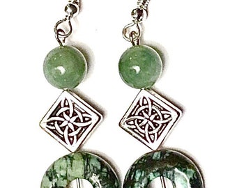 Dark Green Jasper Stone Circle and Agate with 4 Point Diamond Celtic Knot Knotwork Dangle Earrings 2.3" Long Irish Jewelry St. Patrick's Day