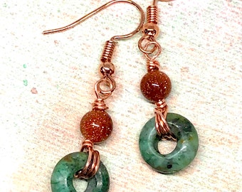 Fall Autumn Dark Green Jasper Circle Red Goldstone Copper Wire Wrapped Geometric Dangle Earrings 1.6” Natural Stone Earth Tones