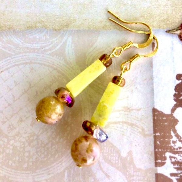 Olive Brown and Chartreuse Yellow Lemon Jasper Cuboid Rectangle Column with AB Brown Glass Geometric Gold Tone Dangle Earrings 1.8” Long