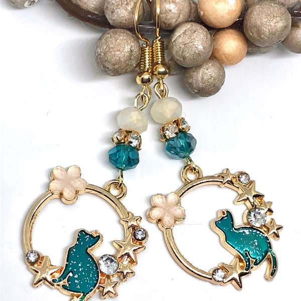 Teal Blue Enamel Cat in Rhinestone Star and White Flower Circles with Crystal and Frosted Glass Bead Earrings 2.37” Long