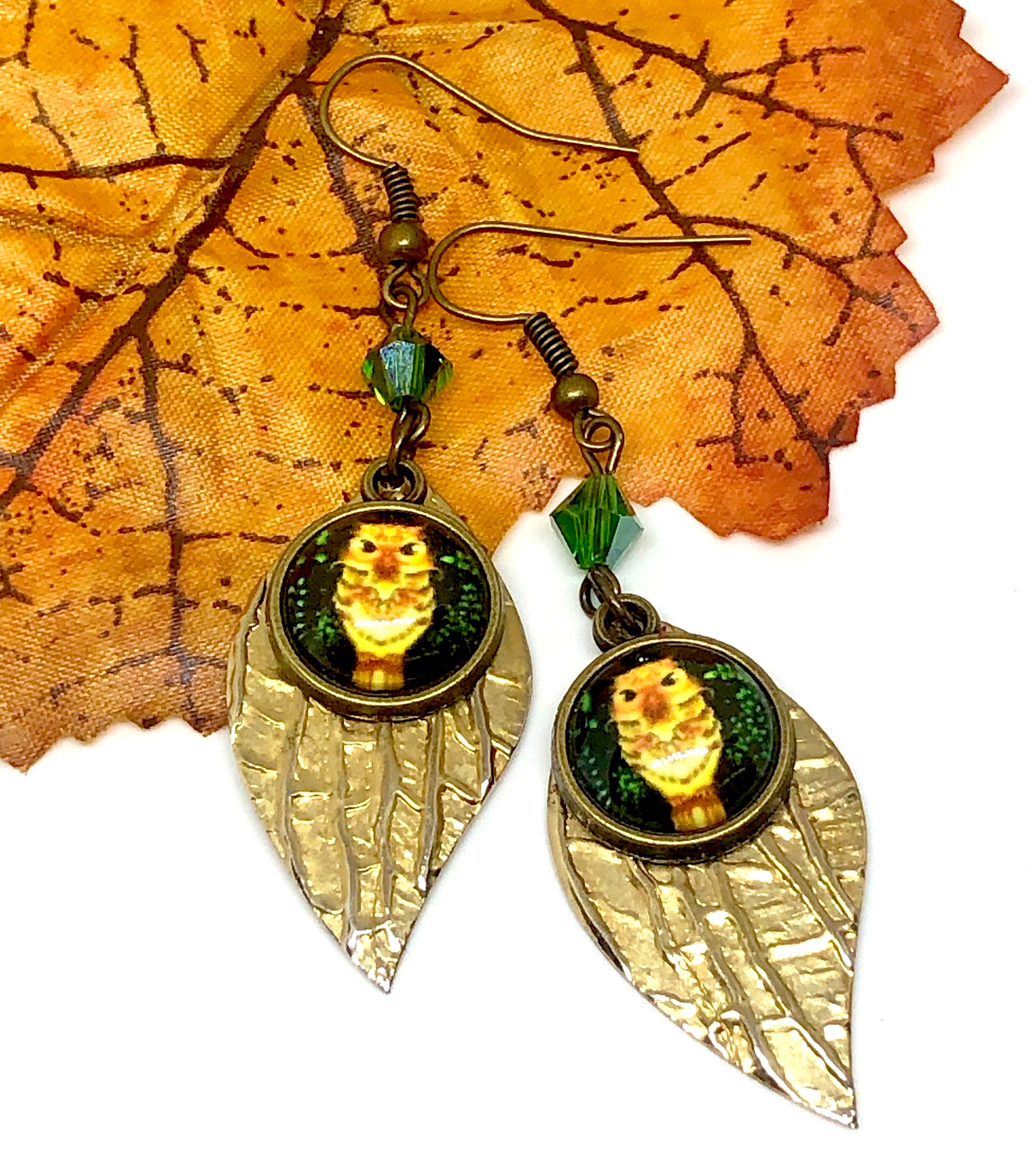 Fall Autumn Yellow Orange Black Owl Glass Bronze Cabochon with Textured Brass Leaves and Green Cryst