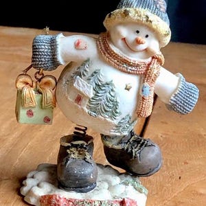 Vintage Christmas Snowman With Gift Resin Spring Leg Bobble Figurine ...
