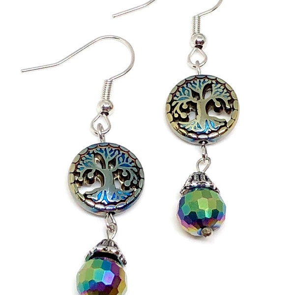 Celtic Tree of Life Rainbow Hematite Hollow Out Coin and Metallic Faceted Glass Bead Dangle Earrings 2.1” Long Nature Themed Multicolor