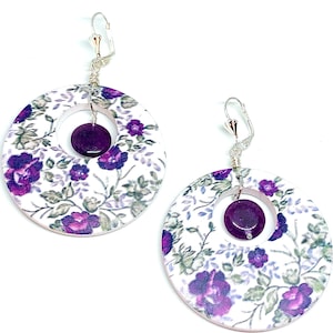 Purple Floral White Wood Lever Back Hoops Hoop Earrings with Aventurine Stone