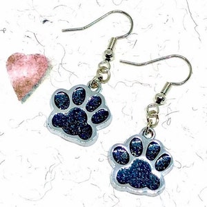 Glitter Enamel Animal Paw Silver Tone Charm Earrings 1.68” Long Choice of 10 Colors Cat Dog Pet Lovers