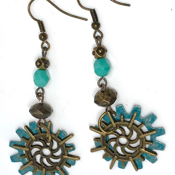 Steampunk Bronze Verdigris Blue Patina Mixed Gears with Metal and Glass Beads Dangle Earrings 2.8” L Multicolor Costume Cosplay Fall Autumn