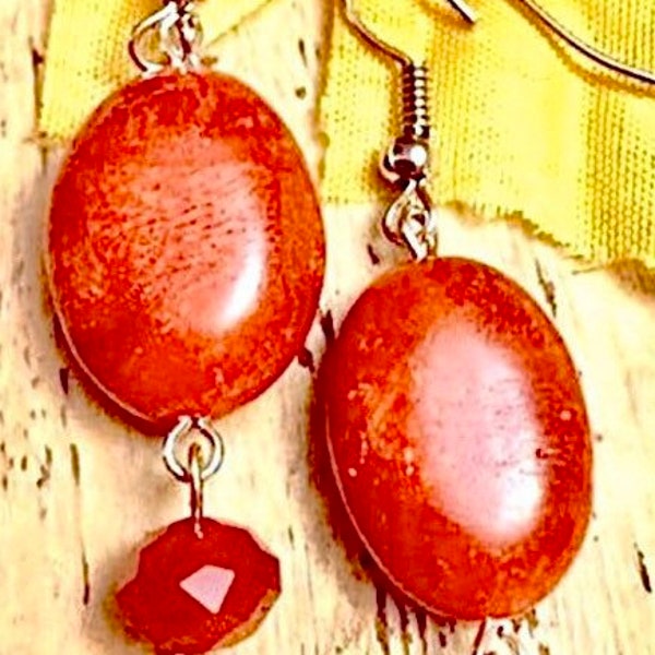 Red Jasper Stone Oval, Red Opaque Glass and Topaz Gold Crystal Dangle Drop Earrings 2.18" Long Fall Colors Earth Tones Autumn Jewelry