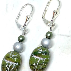 Olive Green Silver Wash Czech Glass Scarab Beetle with Spectra and Satin Pearl Bead Lever Back Dangle Earrings Insect Variegated Multitonal
