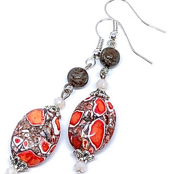 Red Brown White Multicolor Mosaic Stone with Chocolate Jasper and Blush Glass Dangle Earrings 2.4" Long Multicolor Fall Color Autumn Jewelry