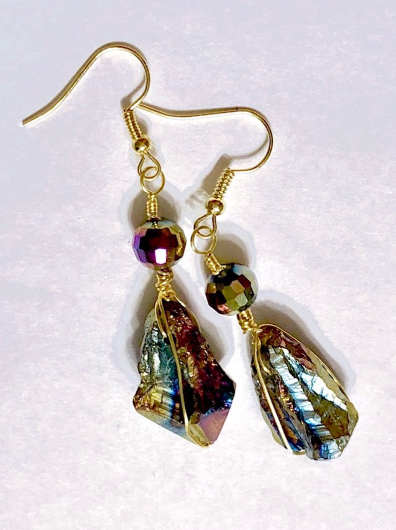 AB Rainbow Hematite Multicolor Stone Spike Nugget and Metallic Glass Gold Tone Wire Wrapped Dangle Earrings 2.4 Long