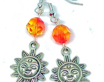 Red Orange Yellow Ombré Fire Crystal Bead and Silver Tone Sun Face Sunburst Charm Dangle Earrings 2” Long Celestial Summer Jewelry