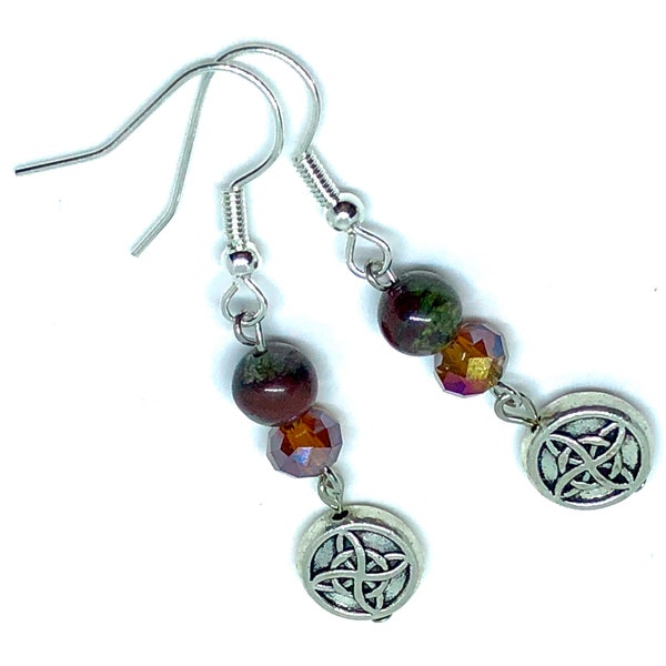 Green Dragon’s Blood Jasper Copper Crystal and Silver Celtic Knot Round Bead Earrings 1.9” Long Dragon Blood Stone Fall Colors