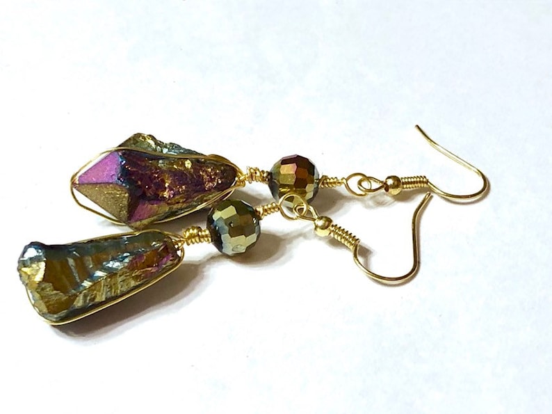 AB Rainbow Hematite Multicolor Stone Spike Nugget and Metallic Glass Gold Tone Wire Wrapped Dangle Earrings 2.4 Long