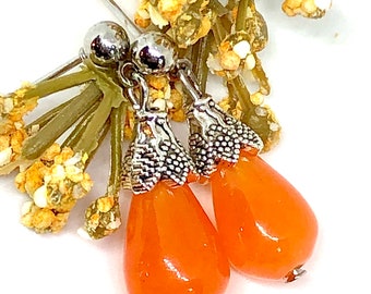 Orange Chalcedony Stone Teardrop Antique Silver Tone Bali Style Post Drop Dangle Earrings 1” Long 9mm Wide Fall Autumn Color Natural Stone
