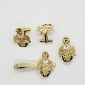 Masonic 33rd Scottish Rite Consistory 3pc Tie Clip-Cufflink-Lapel Pin Set, Double-Headed Eagle Wings DOWN, Consistory Suit & Tie Accessories