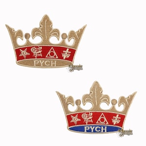 May include: Two embroidered patches in the shape of a gold crown with red and blue accents. The crown features a star, a wheel, a triangle with a circle inside, and a cross. The text "PYCH" is embroidered below the crown.