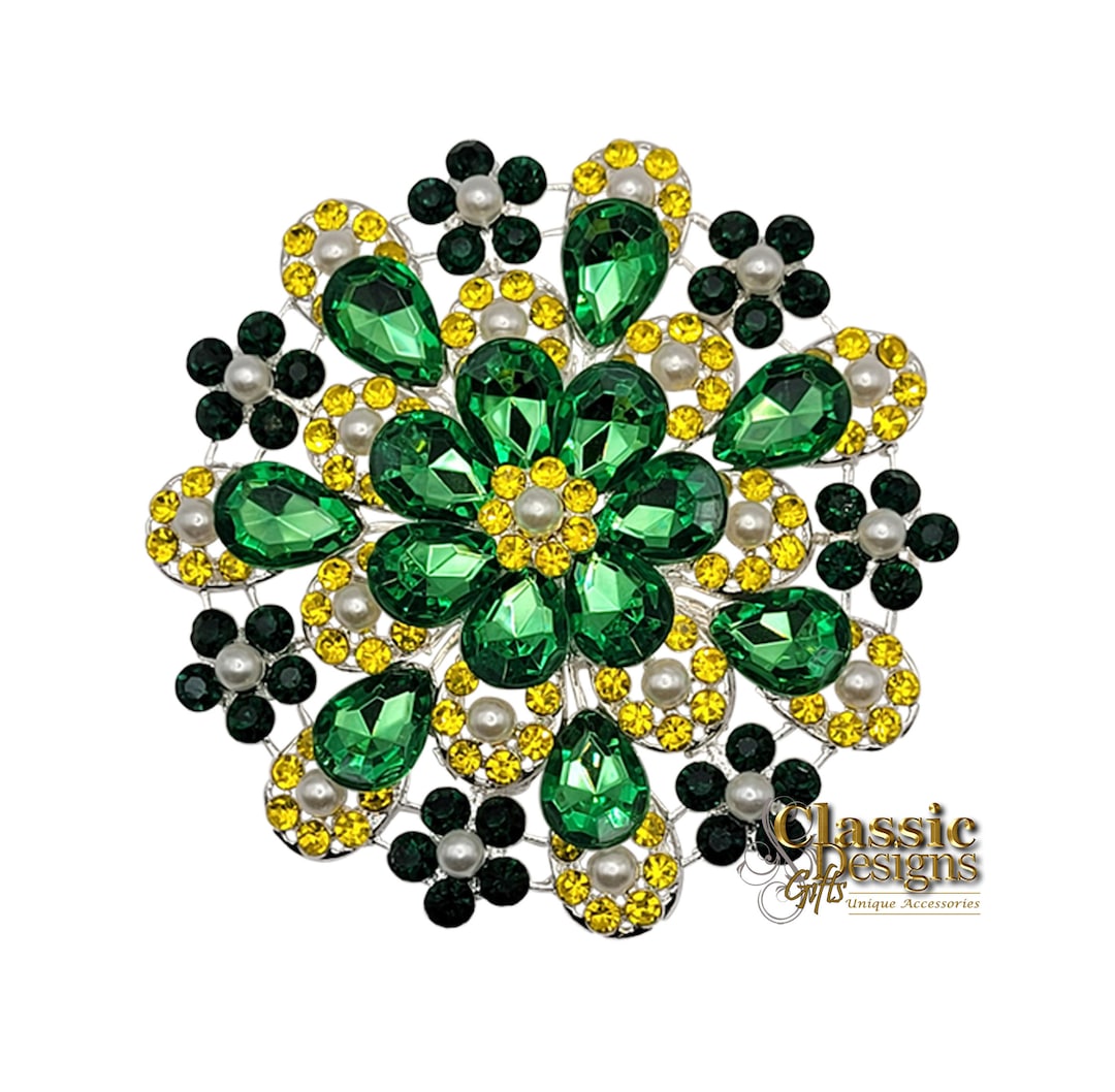 Green & Lemon Rhinestone Flower Brooch: 3-inch Crystal Pearl Scarf Pin ...