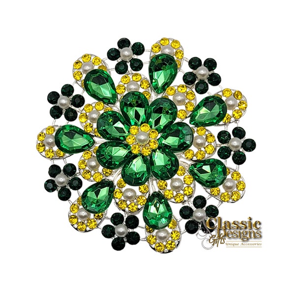 Green and Lemon-Yellow Crystal Brooch with Pearls, Large 3-inch Rhinestone Brooch, Pea Green Yellow Sorority Rhinestone Flower Scarf Pin