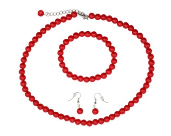 Red Pearl Jewelry Set: Necklace, Bracelet & Earrings