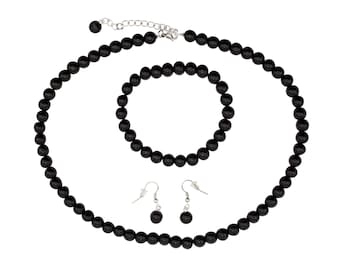 Black Pearl Jewelry Set: Necklace, Bracelet & Dangle Earrings