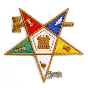 OES-Past Matron Embroidery Iron On/Sew On Patch, 3&quot; 5-Point Star Pentagon-Point UP with Gavel, OES, Order of the Eastern star