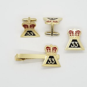 Masonic 33rd Scottish Rite Consistory 3pc Tie Clip-Cufflink-Lapel Pin Set, 33rd Degree Crown, Consistory Suit & Tie Accessories