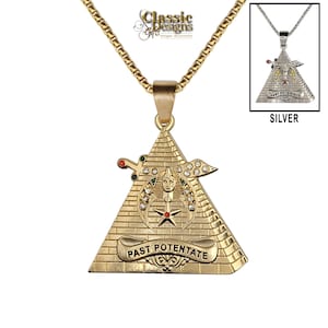Shriners Past Potentate Stainless Steel 18K Gold Plated Masonic Large 1.5&quot; Pendant, 24-inch 3mm Box Chain, Pyramid Scimitar Crescent Star