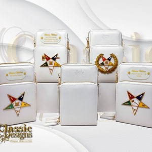 Order of the Eastern Star White Crossbody Cellphone Purse, OES Pentagon UP Mini Handbag with Touch Screen Slot, OES Regalia Personalized Bag