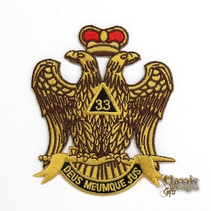 May include: Gold embroidered patch with two eagles facing each other, a triangle with the number 33 inside, and a banner with the text "DEUS MEUMQUE JUS".
