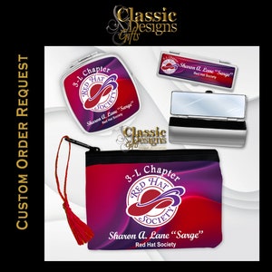 Custom Order: Red Hat Society Personalized Cosmetic Purse with Tassel, Lipstick Case with Mirror, Compact Mirror, Customized Gift Set