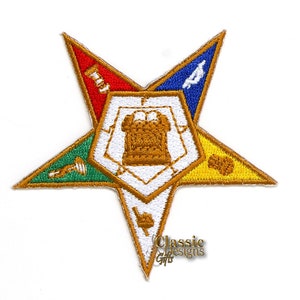 Toppa ricamata massonica OES-Ordine della Stella d&#39;Oriente da stirare/cucire, stella a 5 punte da 3&quot; con pentagono rivolto verso il basso, toppa ricamata OES, termosaldatura