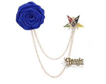 Masonic OES Patron Lapel Pin: Blue Rose Boutonniere with Tassel Chain