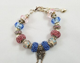 Pink & Blue European Charm Bracelet: Butterfly, Sorority Sister Gift