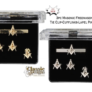 Freemason Masonic Mason 3pc Tie Clip Cufflinks Lapel Pin Set / Masonic Jewelry Set / Mason Suit Accessories / Mens Gift Set Travel Box